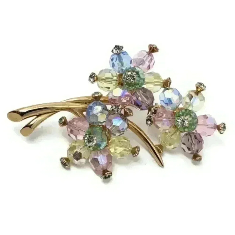 Vintage Marvella Brooch Faceted Glass Beads Head Pins Floral Pink Blue Lavender